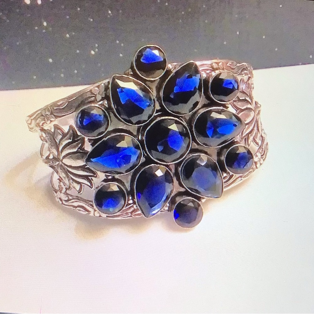 Blue Sapphire Stamped 925 Sterling Silver Cuff Bracelet
